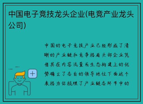 中国电子竞技龙头企业(电竞产业龙头公司)