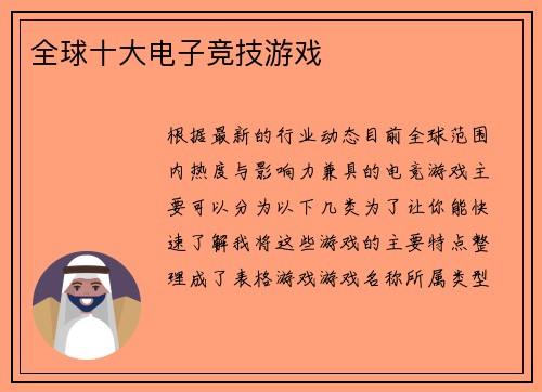 全球十大电子竞技游戏